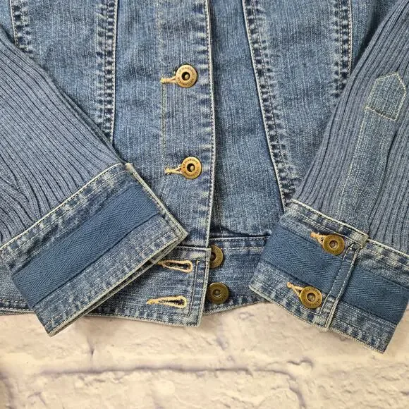 Liz Claiborne Denim Jean Jacket Knit Sleeves Shawl Collar Pocket Cuff Trim sz 14 - Picture 7 of 16